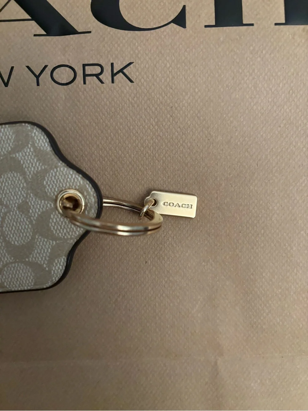 Coach Beige Signature Pattern Key Tag with Gold Hardware